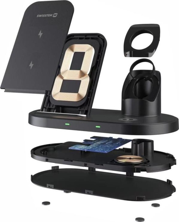 Productafbeelding Swissten Draadloze oplader 3 in 1 standaard zwart voor Apple en Samsung (horlogekabel niet inbegrepen) (15 W)