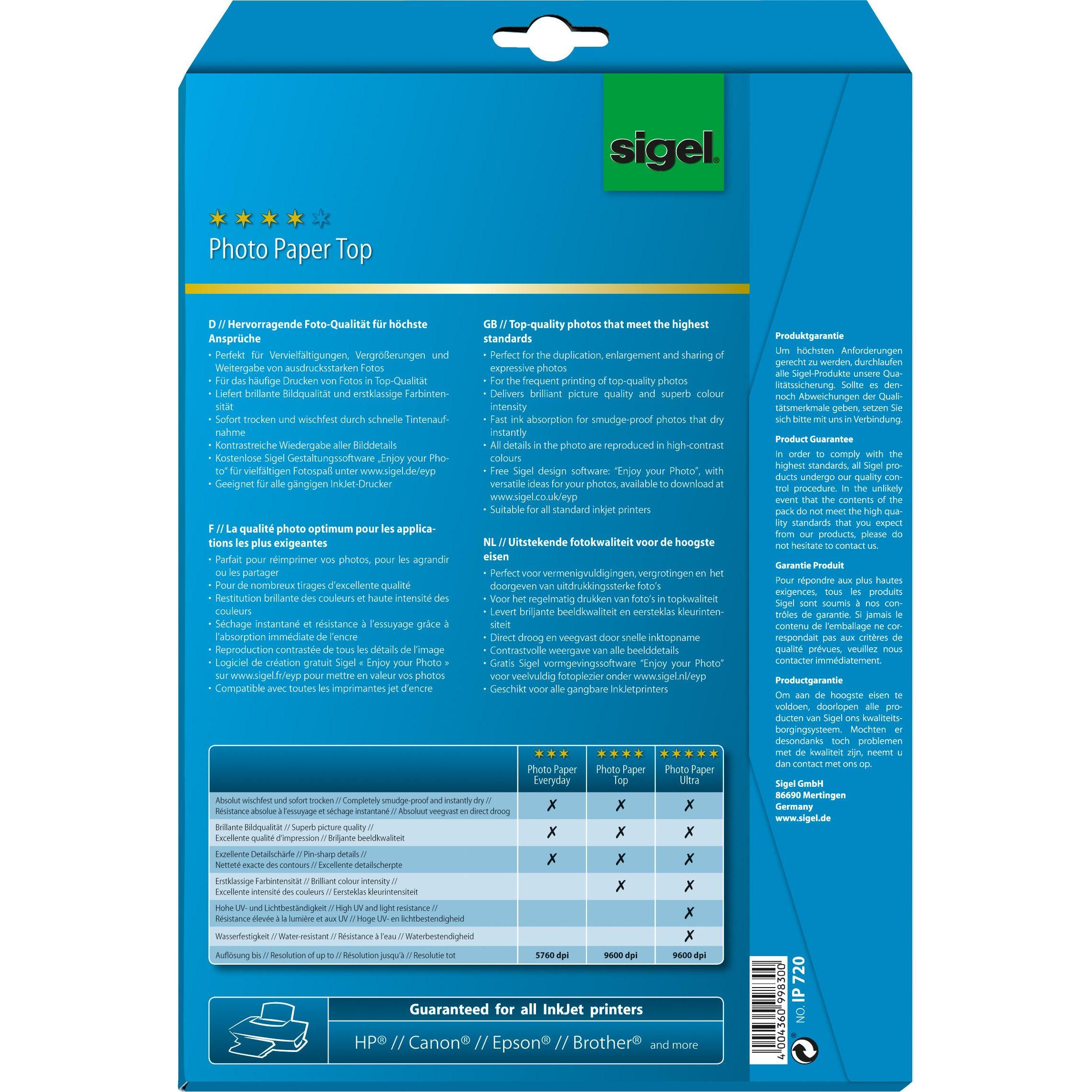 Sigel Inkjet Top (190 g/m², A4, 20 x), Fotopapier, Weiss