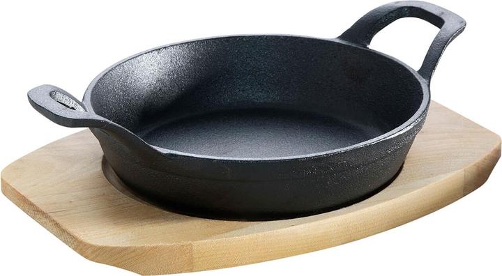 Productafbeelding All'Grill Gietijzeren pan met 2 handgrepen Ø 18 cm en houten onderzetter (18 cm, Gietijzer)