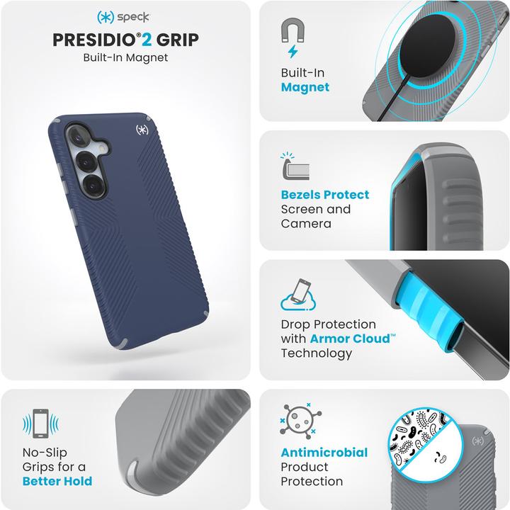 Produktbild speck Presidio2 Grip + Magnet Samsung Galaxy S25 Coastal Blue - with Microban (Samsung Galaxy S25)