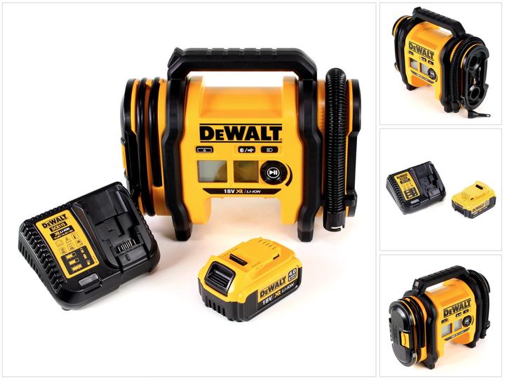 1x DeWALT DCC018 N Akku-Luftkompressor, 1x DeWALT DCB182 4,0 Ah Akku, 1x DeWalt DCB Ladegerät
