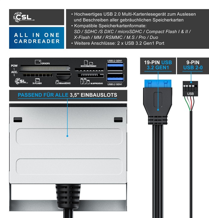Produktbild CSL Multi-Frontpanel Kartenlesegerät (19-Pin, Internal USB 2.0 Motherboard)