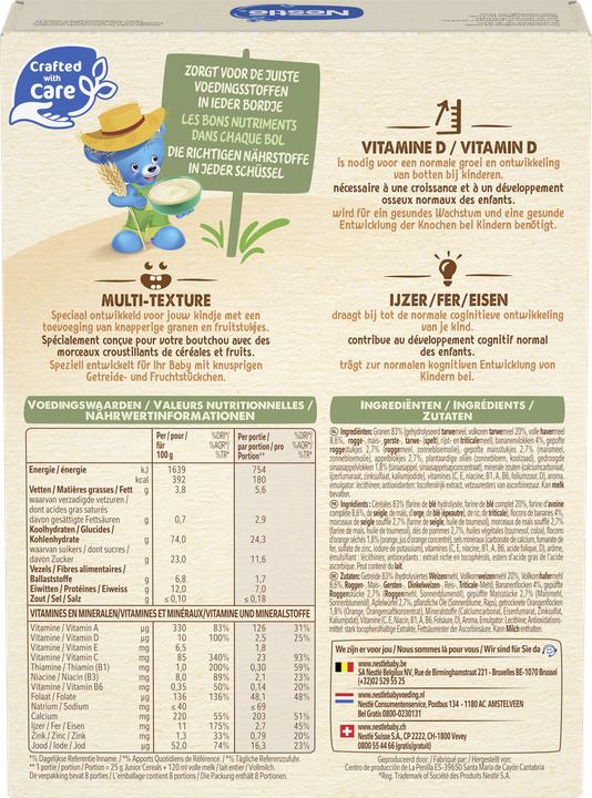 Valeurs nutritives et ingrédients Nestlé Junior Cereal Crisp Multifru (200 g)