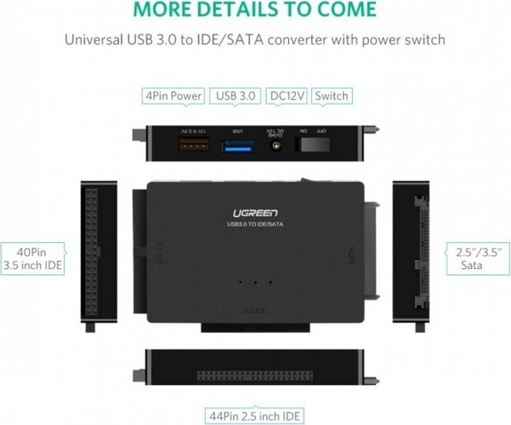 Actual product image Ugreen SATA IDE to USB 3.0 Adapter for 2.5" 3.5" SATA SSD HDD to USB 3.0 (1 m)