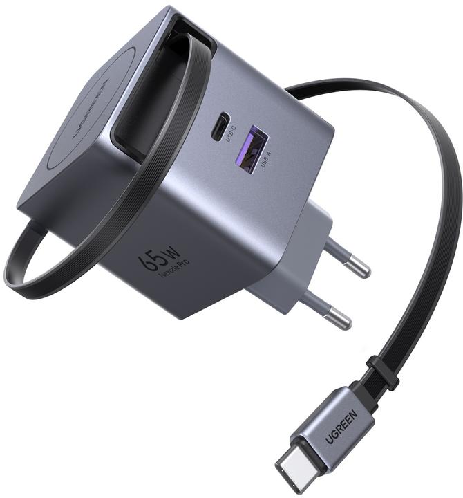Ugreen Wall GaN Charger- Retractable Cable (65 W, 3 ports)