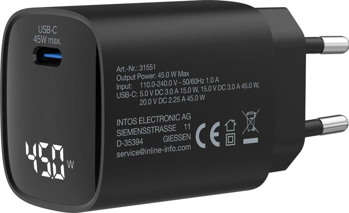 Image du produit InLine Alimentation USB PD, chargeur GaN, 1 port, USB-C, 45W, avec écran, noir (45 W, 1 portion)