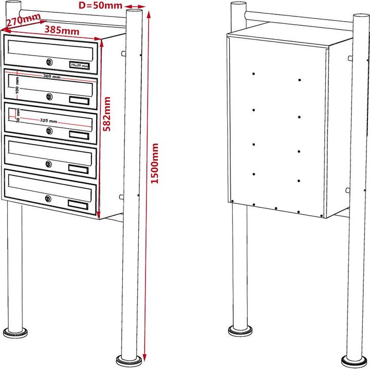 Produktbild Wiltec 5er Briefkastenanlage weiss 270x513x1500mm Standbriefkasten Briefkasten