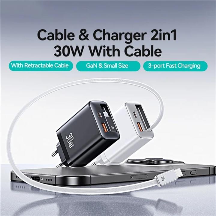 Image du produit Usams CC296 30W Fast Charger With Retractable Type-C Cable (EU) - Xiang Series White (30 W, 2 ports)