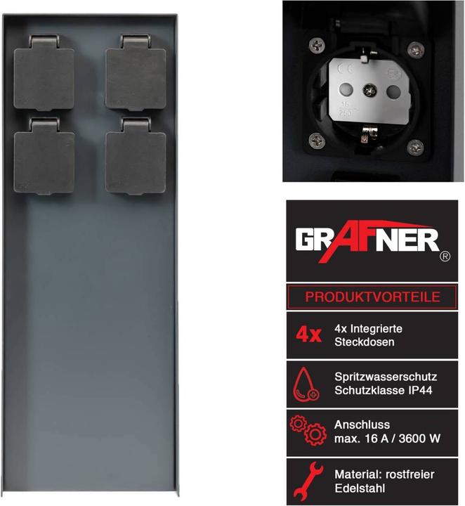 Produktbild Grafner Steckdosensäule anthrazit mit 4 Aussensteckdosen Edelstahl Gartensteckdose Energiesäule