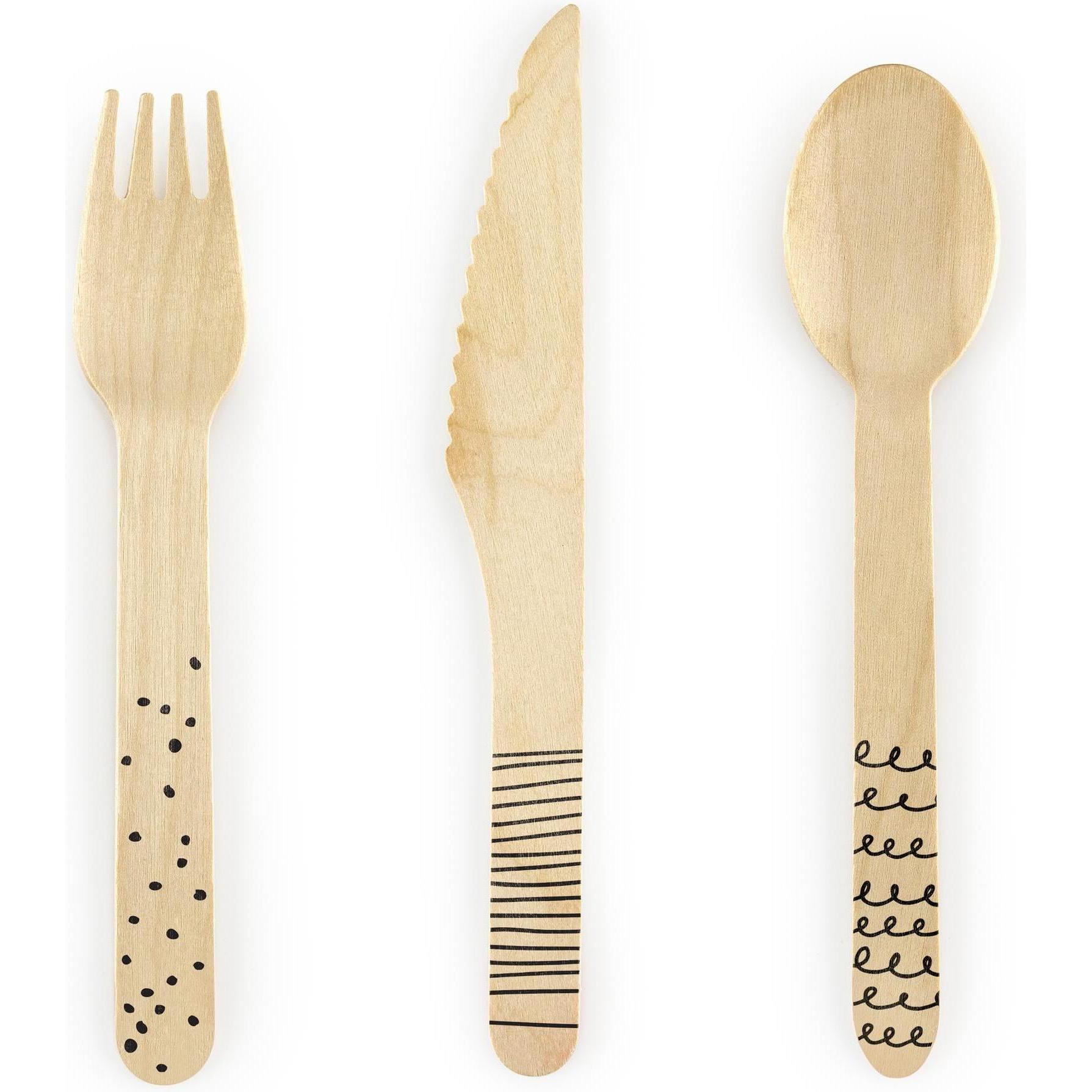 Partydeco, Einweggeschirr, Holzbesteck mit schwarzen Motiven (18 x)