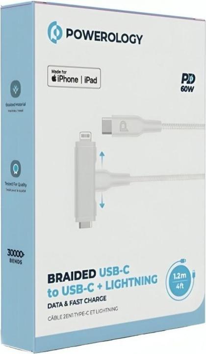 Produktbild Powerology 60W Braided USB-C to USB-C + Lightning Cable (1.20 m, USB 3.2 Gen 1, 60 W)