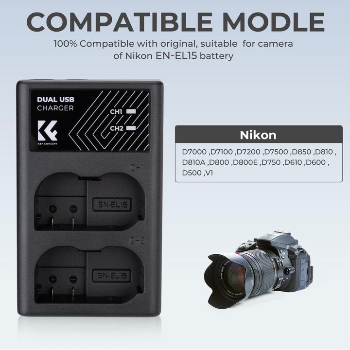 Produktbild K&F Concept EN-EL15 Digital Camera LED Dual Channel Charger with Type C Charging Cable (Kamera Akku Ladegerät)