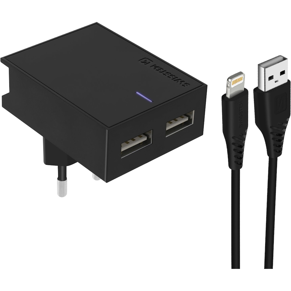 Swissten Slim Series, Dual 3A USB-Netzladegerät mit Smart IC + Lightning Kabel (15 W), USB Ladegerät, Schwarz