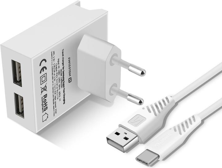 Produktbild Swissten Slim Series, Dual 3A USB-Netzladegerät mit Smart IC + USB-C Kabel (15 W)