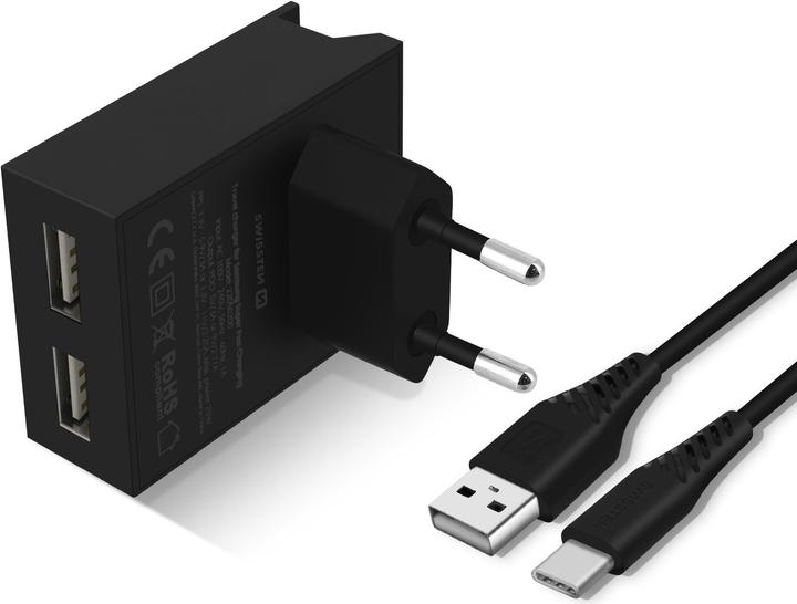Produktbild Swissten Slim Series, Dual 3A USB-Netzladegerät mit Smart IC + USB-C Kabel (15 W)