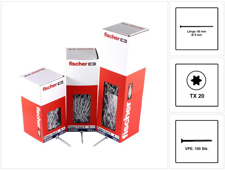 Produktbild Fischer Power-Fast II FPF II Spanplattenschraube 5,0x60 mm 100 Stück ( 670378 ) Senkkopf mit Torx Te (100 Schrauben pro Stück)