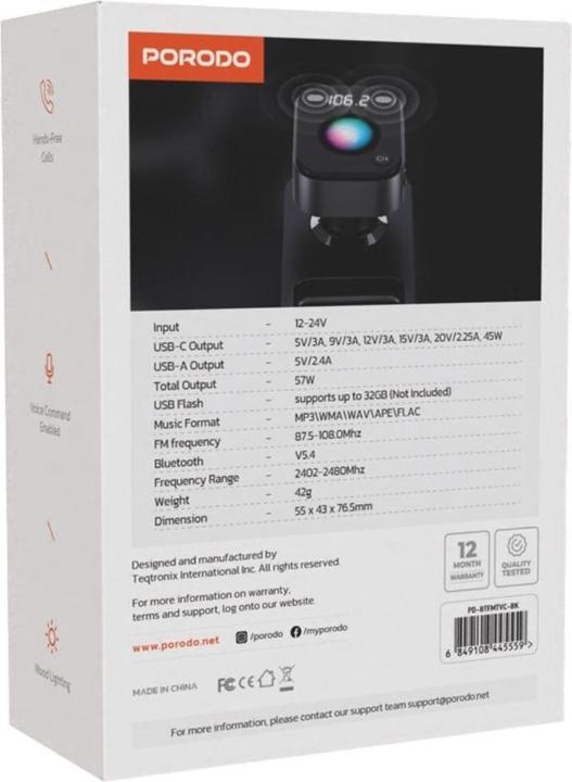 Actual product image Porodo Bluetooth FM transmitter with voice command - Black