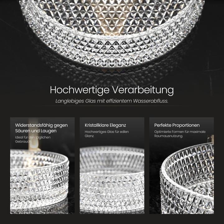 Actual product image Emke Countertop washbasin, 360 x 360 x 112 mm, clear glass sink, Round countertop washbasin (360 mm, 360 mm)