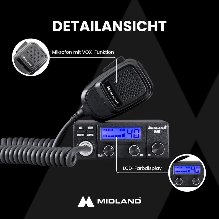 Actual product image Midland Compact CB Transceiver with Multi-Color Display and VOX for Hands-Free Communication