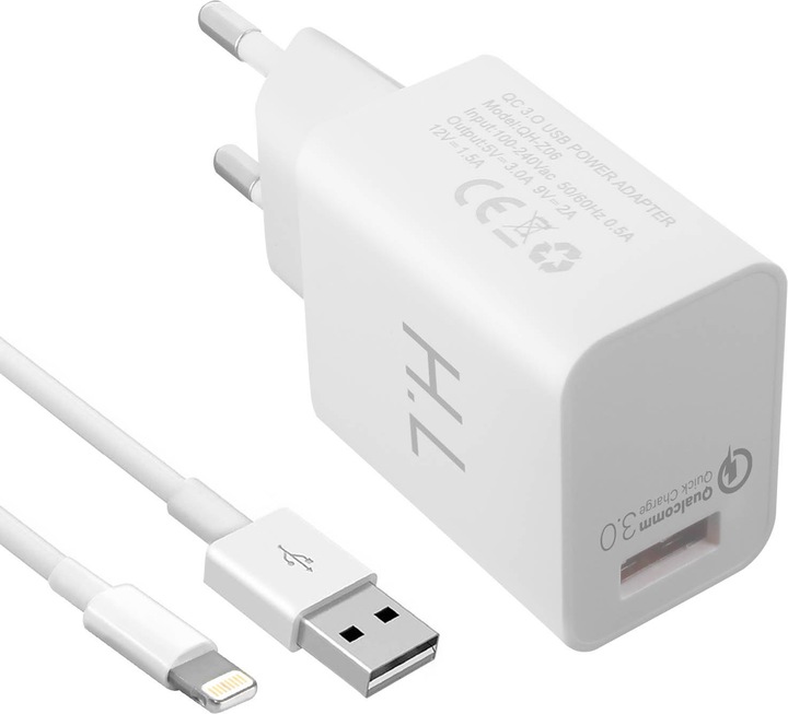 Actual product image Avizar Qualcomm Quick Charge 3.0 3A power adapter + Lightning cable (18 W)