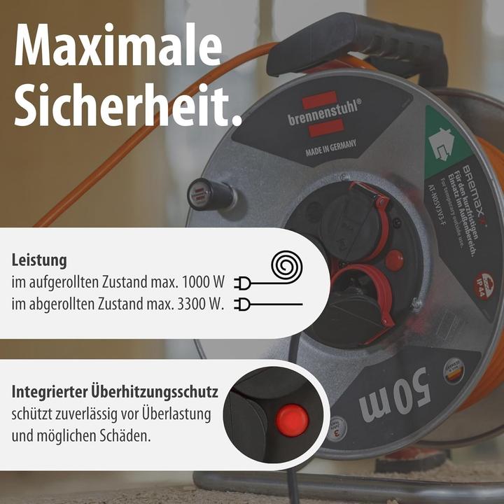 Actual product image Brennenstuhl Outdoor Cable Reel with Overheating Protection and 3 Water-Resistant Sockets (50 m)