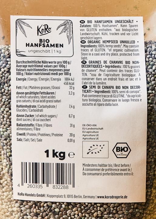 Valori nutrizionali e ingredienti KoRo Bio Hanfsamen ungeschält (1000g) (1000 g)