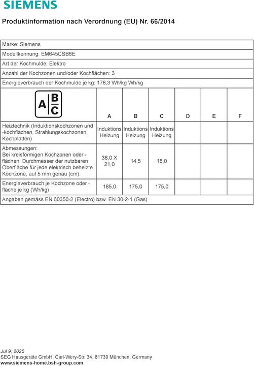 Nährwerte und Zutaten Siemens iQ500, Induktionskochfeld, 60 cm, herdgesteuert, Schwarz, Mit Rahmen aufliegend, EM645CSB6E (58.30 cm, Induktionskochfeld)