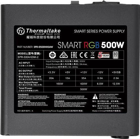 Actual product image Thermaltake Smart 500W RGB power supply (80+ 230V EU, 2xPEG, 120mm, single rail) (500 W)