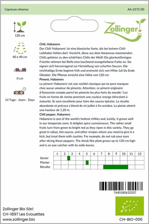 Actual product image Zollinger Bio Chili, Habanero (Vegetable seeds)