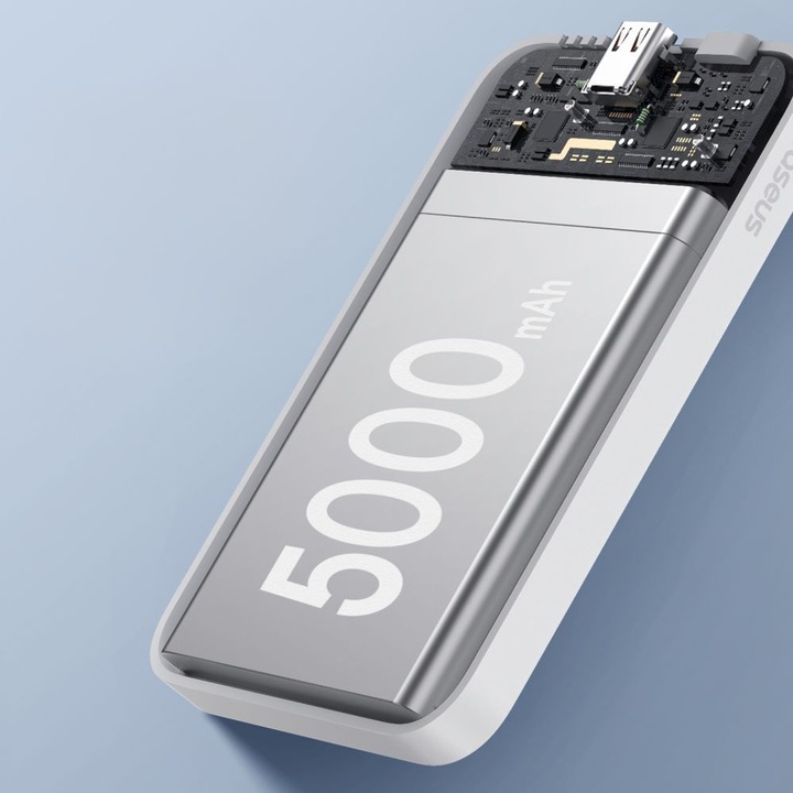 Actual product image Baseus mini power bank 5000mAh 20W + USB-C cable (20V/3A) - white (5000 mAh, 20 W, 19250 Wh)