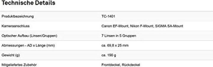 Valeurs nutritives et ingrédients Sigma TC-1401 1.4x Nikon (Téléconvertisseur, Nikon F)