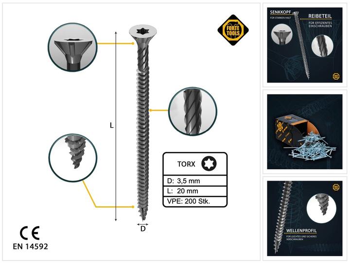 Productafbeelding Forte tools SPAANPLAAT SCR T15 3,5X20 WIT ZN(200) (200 Schroeven per stuk)
