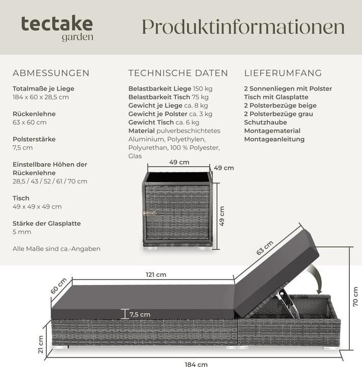 Immagine prodotto tectake 2x sedie a sdraio (184 cm)