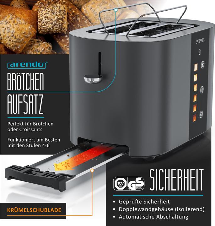 Produktbild Arendo Toaster Edelstahl 2 Scheiben Kurzschlitz, Restzeit & Bräunungsgradanzeige, Touch Display, 800 W