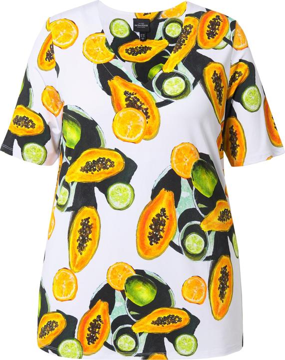 Image du produit Ulla Popken T-shirt au tombé fluide, motif papayes, décolleté en V et manches courtes, coupe Classic Fit (58)