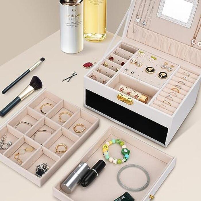 Produktbild Only-Bags.Store Schmuckkästchen mit 3 Ebenen, 2 Schubladen Schmuckkästchen PU-Leder-Schmuckaufbewahrung