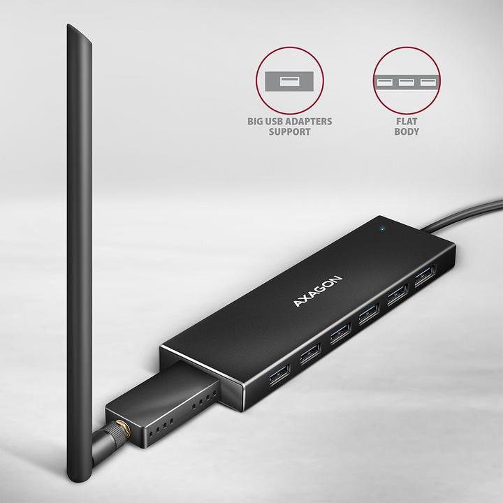 Image du produit Axagon HUE-F7A 7x USB 3.2 Gen 1 Aluminium Flat Hub, câble USB-C de 30 cm (USB-C, 7 ports)