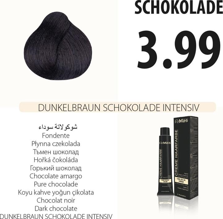 Immagine prodotto FemMas 3,99) Tinta per capelli castano scuro cioccolato intensivo 100ml (Cioccolato Marrone Scuro Intensivo 100ml)