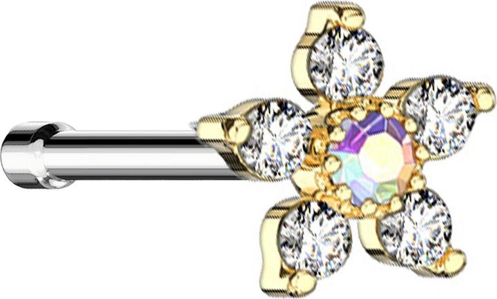 Produktbild Star Piercing Nasenstecker gerade vergoldet Blume mit Kristall multicolor und silber (Messing, Chirurgenstahl 316L)