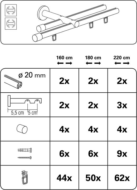 Image du produit Gardinia Kit de tringles à rideaux Isa 2 voies avec roulement intérieur II Ø 20 mm