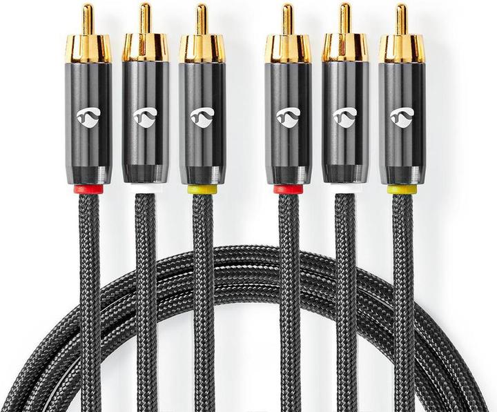 Produktbild Nedis Composite-Videokabel - 3X Cinch-Stecker - Vergoldet - 2 m - rund - Baumwollstoff - Anthrazit (2 m)