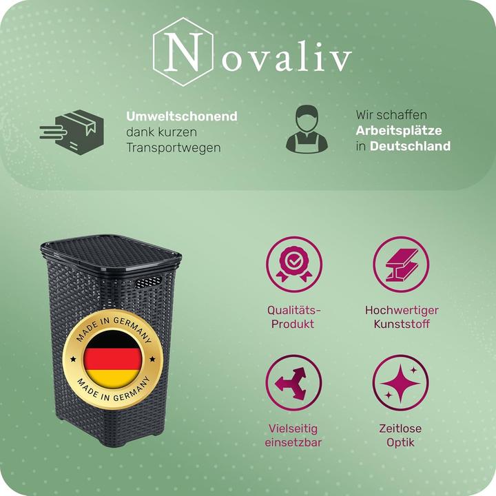 Actual product image Novaliv 3 Stück Rattan Wäschekorb mit Deckel 60L Schwarz, Wäschebox Set Wäscheeimer Wäschebehälter m (60 l)
