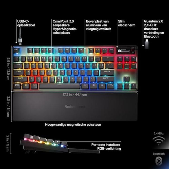 Produktbild SteelSeries | Gaming Keyboard | Apex Pro TKL Gen 3 | US Layout | Bluetooth | Black | 2.4 GHz / Bluetooth/ Wired (US, Kabellos, Kabelgebunden)