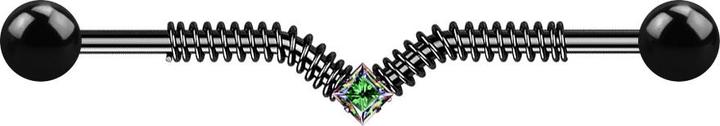 Actual product image Acha Direct Barbell schwarz mit zwei Kugeln Spiralfeder und quadratischem Kristall (without brass, Surgical steel 316L)
