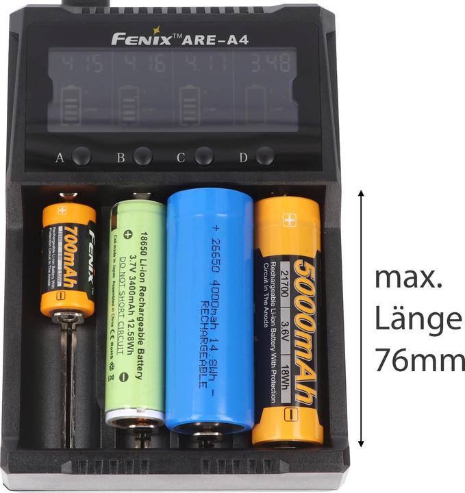 Produktbild Fenix Rundzellen Ladegerät ARE A4 (1 Stk., 10340, 10350, 10440, 10500, 12500, 12650, 13500, 13650, 14500, 14650, 16340, 16650, 17500, 17650, 17670, 18350, 18490, 18500, 18650, 18700, 21700, 22650, 25500, 26500, 26650, Akku)