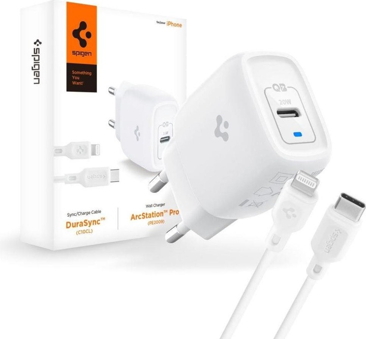 Spigen Ładowarka sieciowa PE2C10CL PD20W USB-C + kabel lightnig Biała/White ASE05999 (20 W)