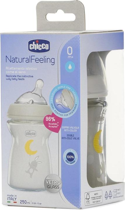 Actual product image Chicco Baby Bottle NATURAL FEELING Glass Teat Silicone Slow Flow UNI 0m+ (250 ml)