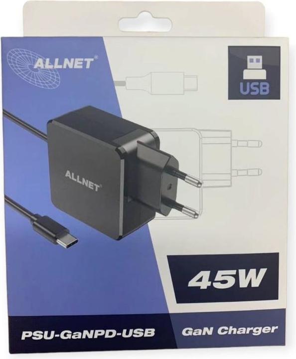 Produktbild Allnet Ersatznetzteil QC USB-C PD GaN Netzteil Power SupplyÂ 45Â Watt 1x USB Typ-C mit 2m festem Kabel**EU (45 W, 1 Port)