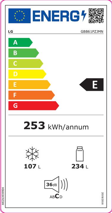 Etichetta energetica LG GBB61PZJMN Frigorifero combinato, Classe E, 341L, No frost, Inox (341 l)