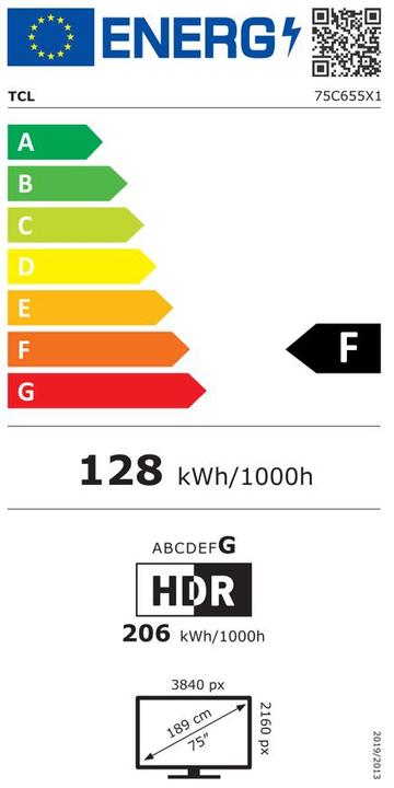 Etichetta energetica TCL 75C655 (75", C65, QLED, 4K, 2024)